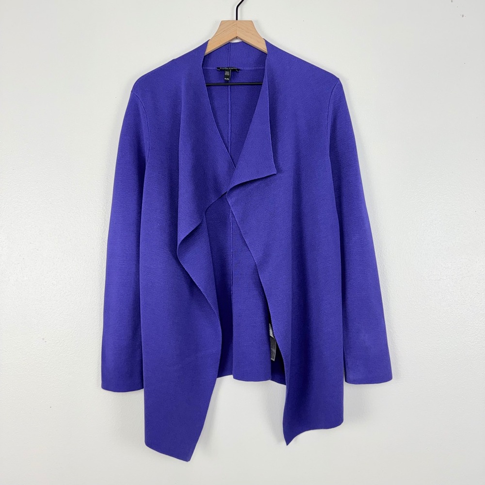 Eileen Fisher Silk Cotton Open Front Waterfall Cardigan Sweater‎ L Petite Blue